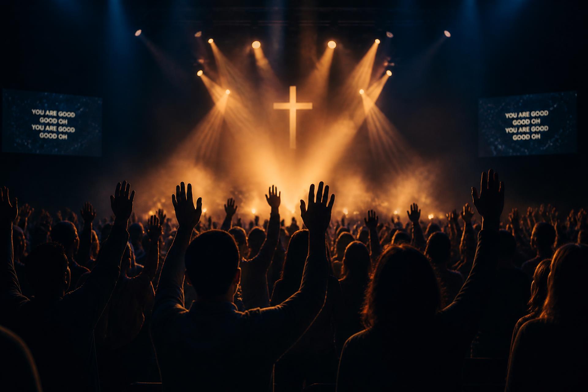 Congregação adorando com as mãos levantadas sob luzes de palco